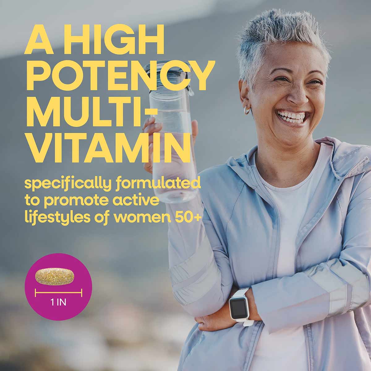 Yellow-gold multivitamin tablet displayed next to woman holding water bottle, with size measurement showing 1 inch diameter.