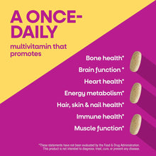 Alive Once Daily Women's 50+ multivitamin pills displayed on yellow and magenta background with benefit text.