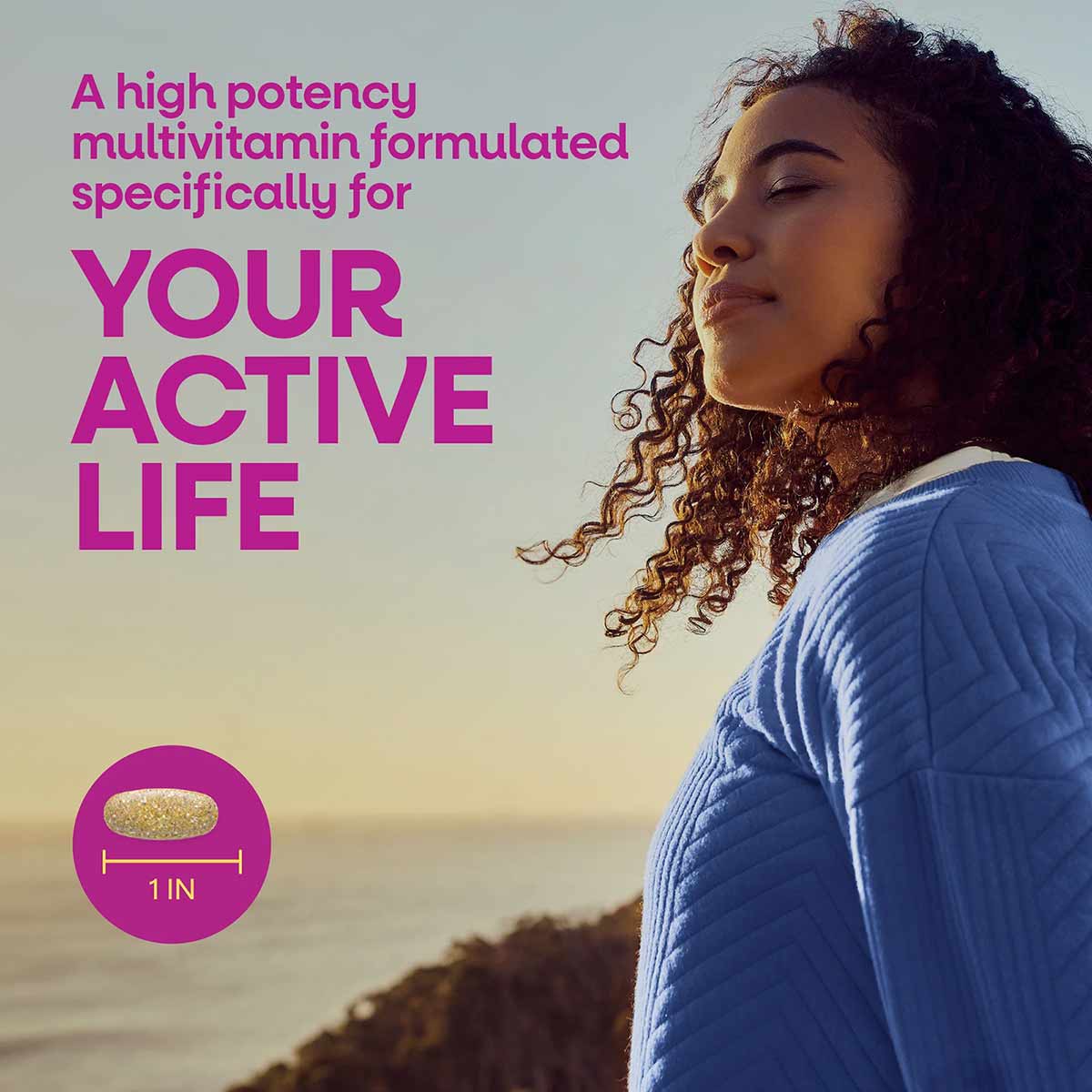 Woman in blue jacket shown in profile with gold oval multivitamin tablet measuring 1 inch displayed in magenta circle.