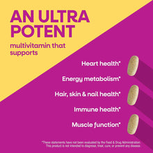 Three beige multivitamin capsules on a split yellow and magenta background with text listing health benefits.