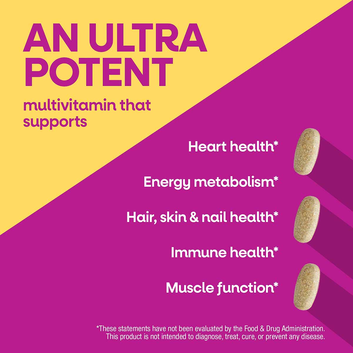 Three beige multivitamin capsules on a split yellow and magenta background with text listing health benefits.