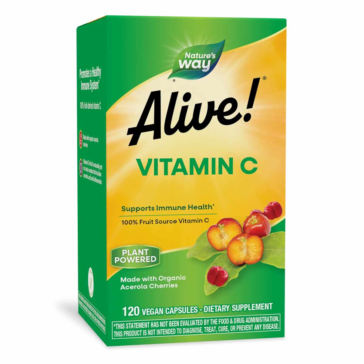 Nature's Way Alive Vitamin C supplement box with green and yellow design, containing 120 vegan capsules.