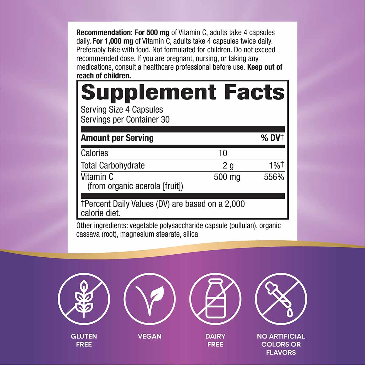 Supplement Facts label for Alive Vitamin C Capsules showing 500mg per serving, with gluten-free, vegan, dairy-free, and no ar