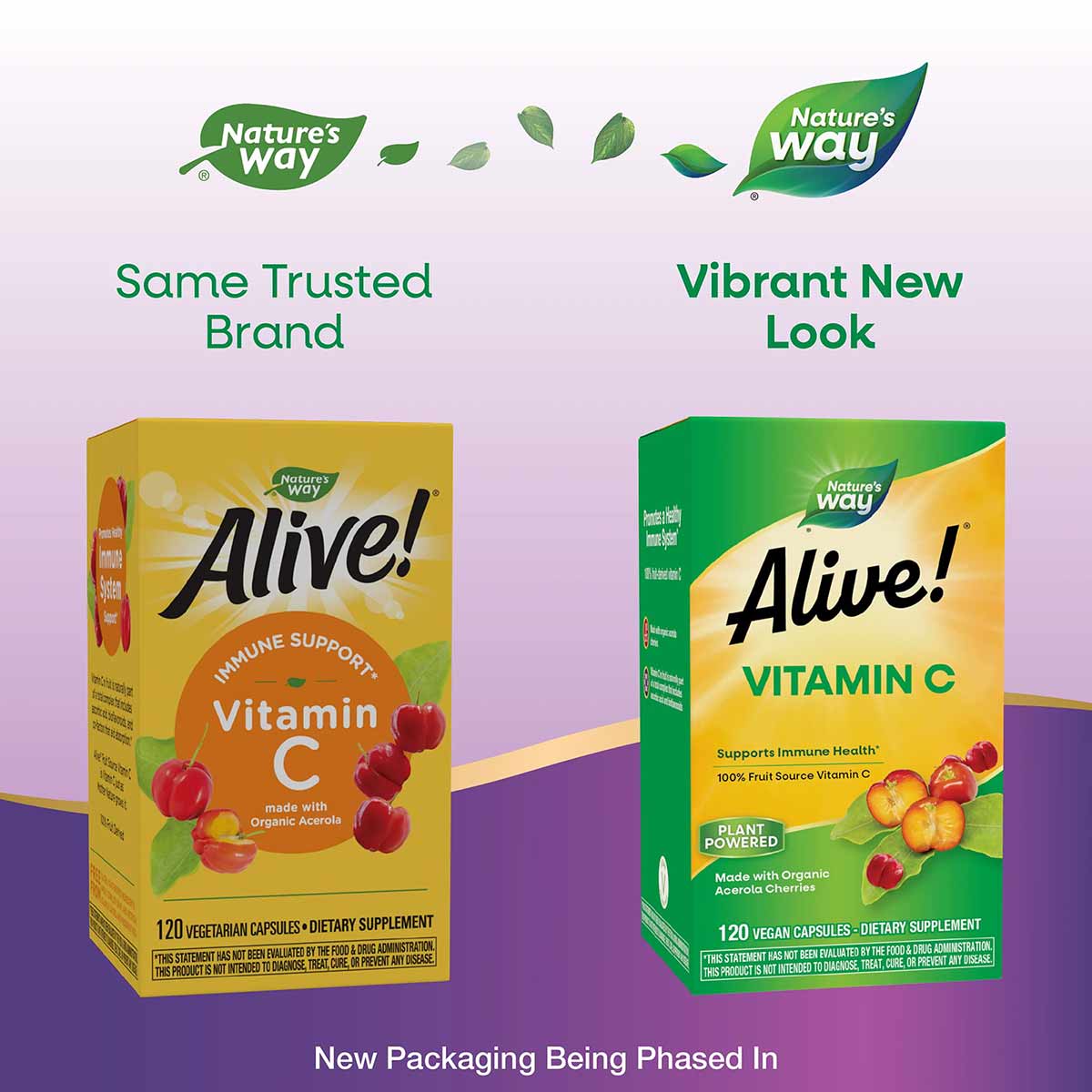 Old and new packaging boxes of Alive Vitamin C Capsules by Nature's Way side-by-side, showing yellow and green designs with f