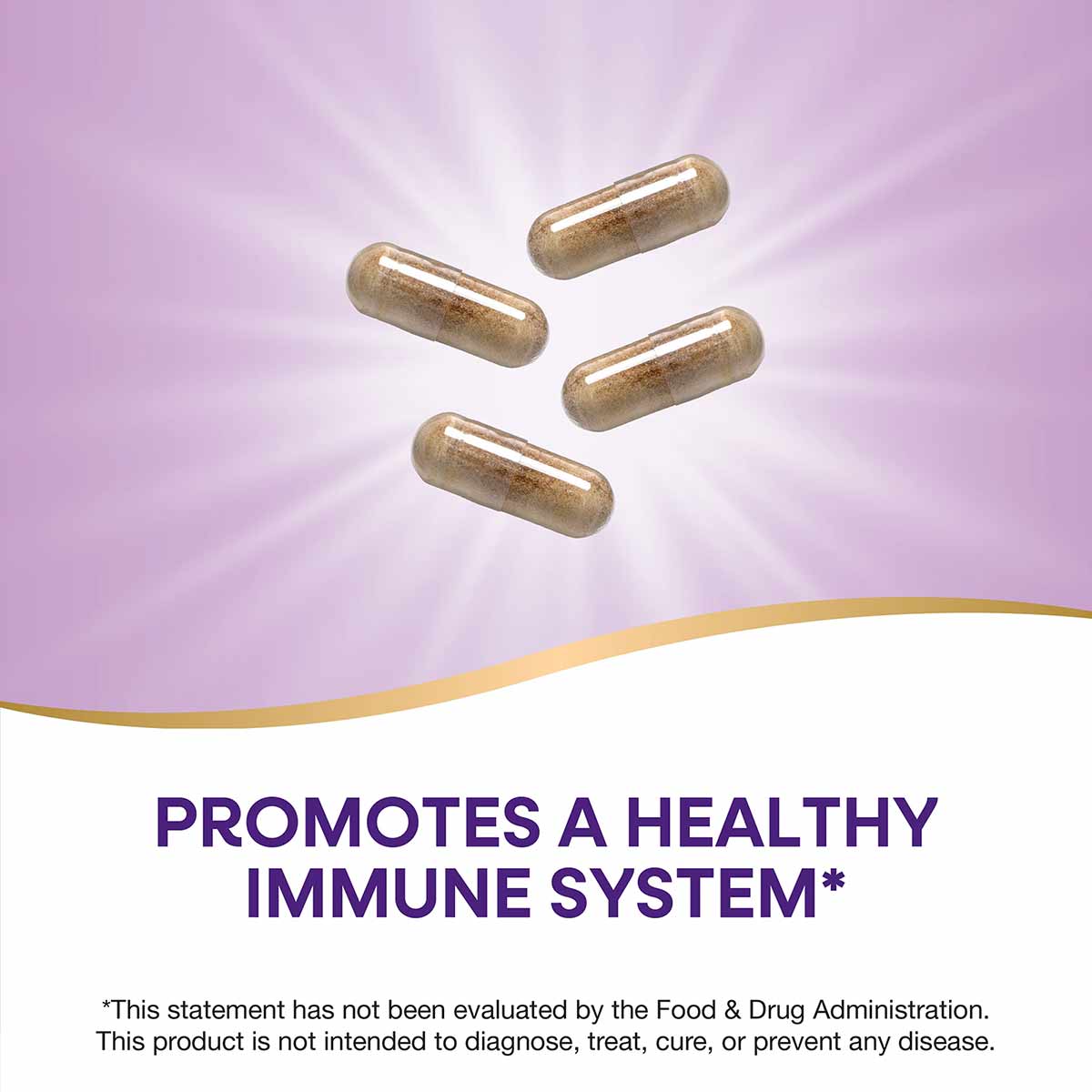 Four gold-toned vitamin capsules arranged on a purple and white background.