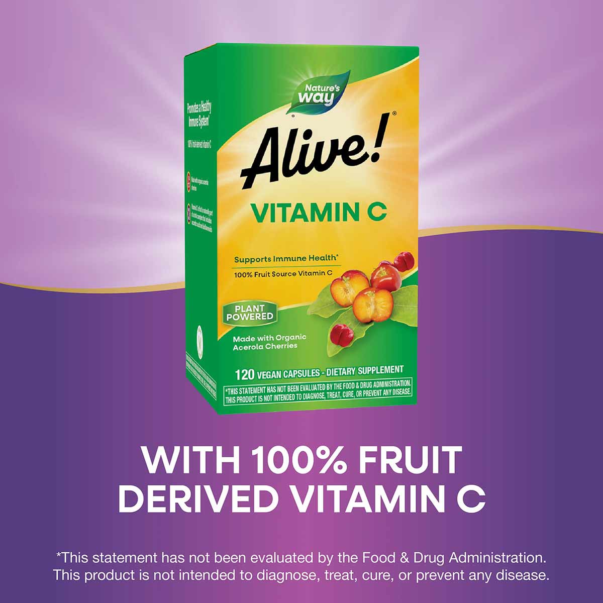 Nature's Way Alive Vitamin C supplement box with 120 vegan capsules, featuring acerola cherries and fruit imagery on green an