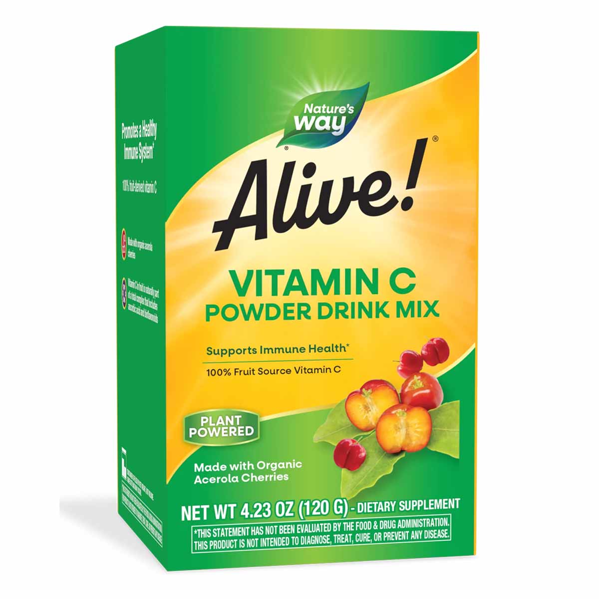 Alive Vitamin C Powder Drink Mix box by Nature's Way, green and yellow packaging with acerola cherry graphics, 4.23 oz.