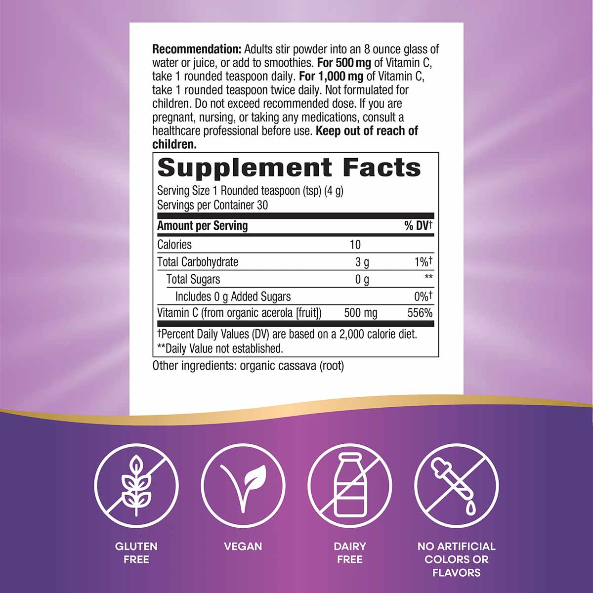 Supplement facts label for Vitamin C powder on purple background with icons indicating gluten-free, vegan, dairy-free, and no