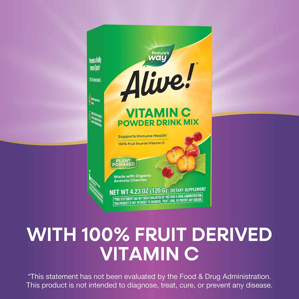 Alive! Vitamin C Powder Drink Mix box by Nature's Way, 4.23 oz, with green and yellow packaging and fruit imagery.