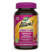 Dark glass bottle with purple cap labeled "Alive! Women's 50+ Premium Gummy Multivitamin" containing 75 gummies.