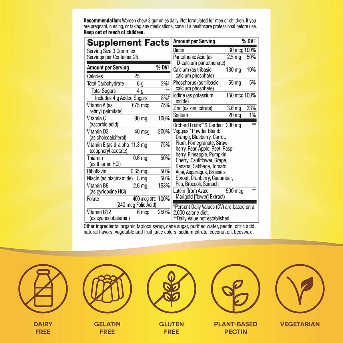 Supplement Facts label for women's 50+ gummy vitamins with ingredient information and dietary attribute icons on yellow backg