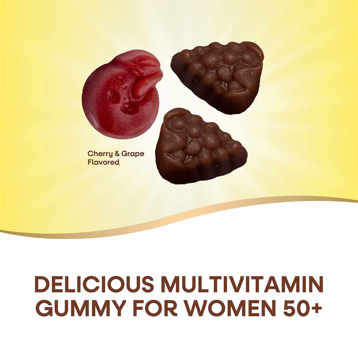 Red cherry and grape flavored gummy and two brown heart-shaped gummies on yellow background.