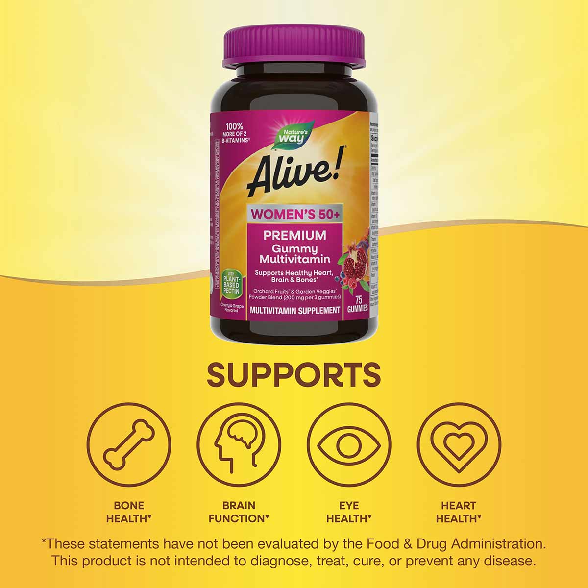 Bottle of Alive! Women's 50+ Premium Gummy Multivitamin with purple cap on yellow background, showing health benefit icons be