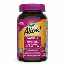 Bottle of Alive! Women's Premium Gummy Multivitamin with purple cap and label featuring fruit imagery, containing 75 gummies.