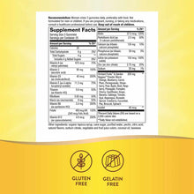 Supplement Facts label for women's gummy vitamins with dosage instructions, nutritional information, and gluten-free and gela