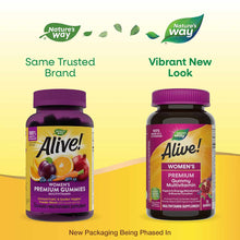 Alive Women's Premium Gummy Multivitamin bottles showing previous purple and gold label design alongside new dark purple and 