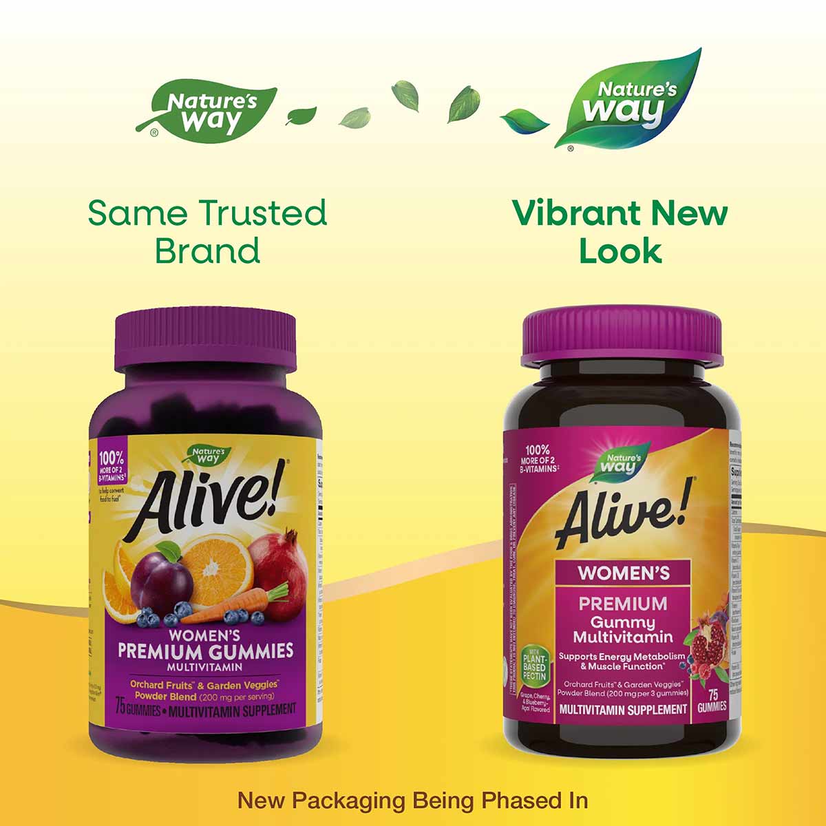 Alive Women's Premium Gummy Multivitamin bottles showing previous purple and gold label design alongside new dark purple and 