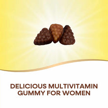 Three brown gummy vitamins on a yellow and white background.