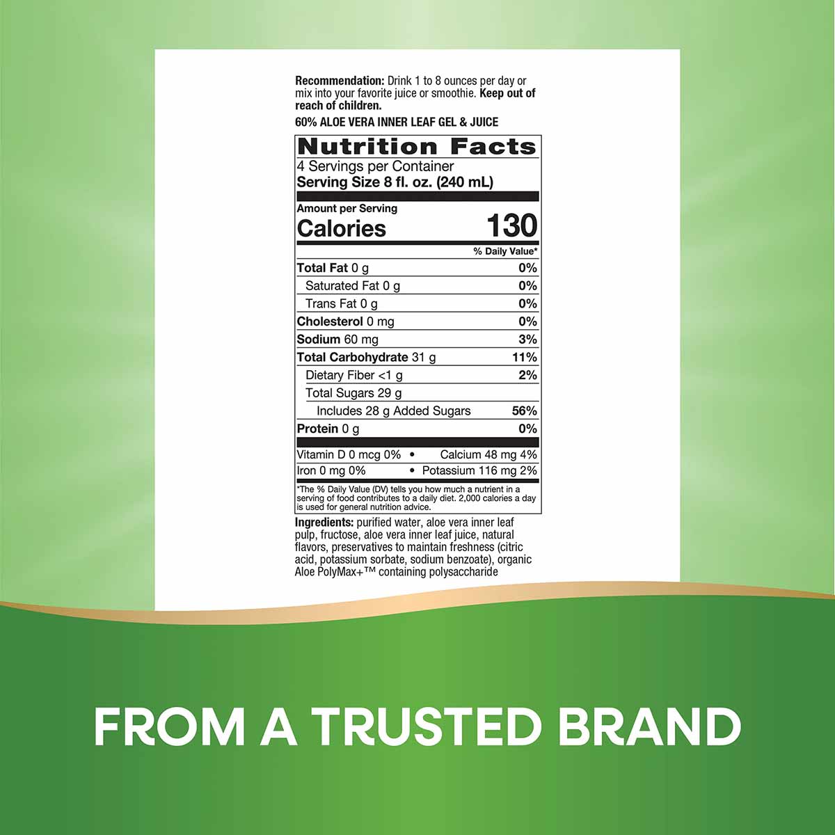 Nutrition facts label for aloe vera inner leaf gel and juice wild berry supplement showing serving size, calories, and ingred