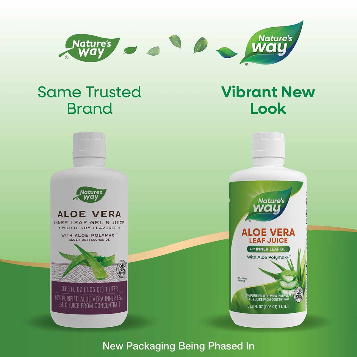 Two white bottles of Nature's Way aloe vera inner leaf gel and juice with wild berry flavor, showing old and new packaging de