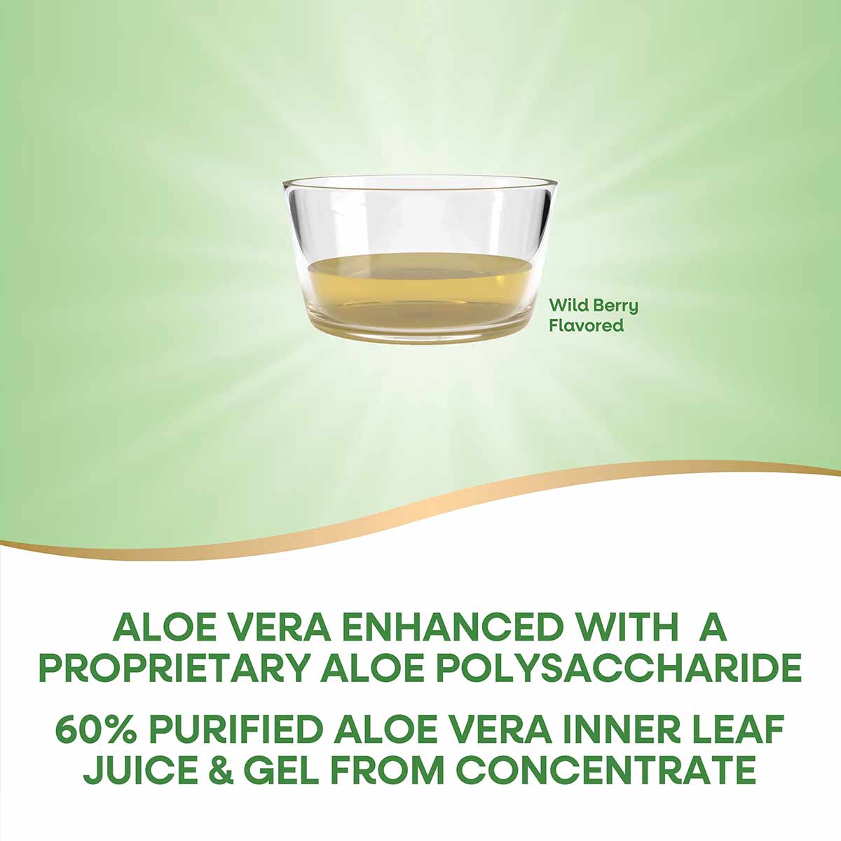 Clear glass bowl containing pale yellow aloe vera juice with wild berry flavoring against a green background.