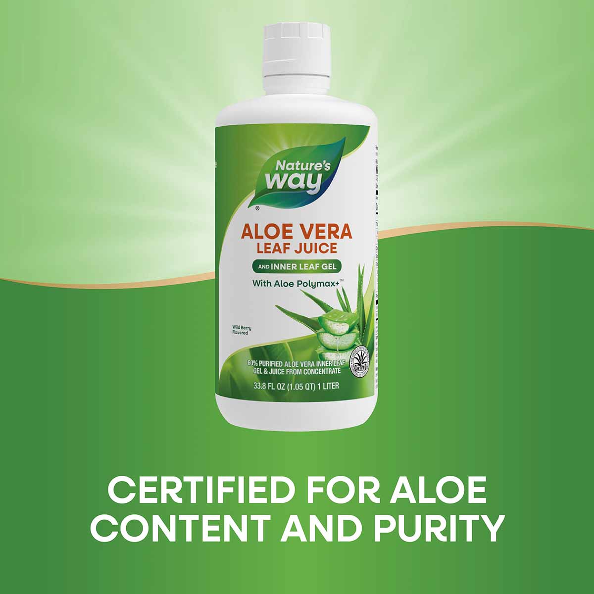 Nature's Way Aloe Vera Leaf Juice and Inner Leaf Gel bottle with white cap on green background, 33.8 fl oz.