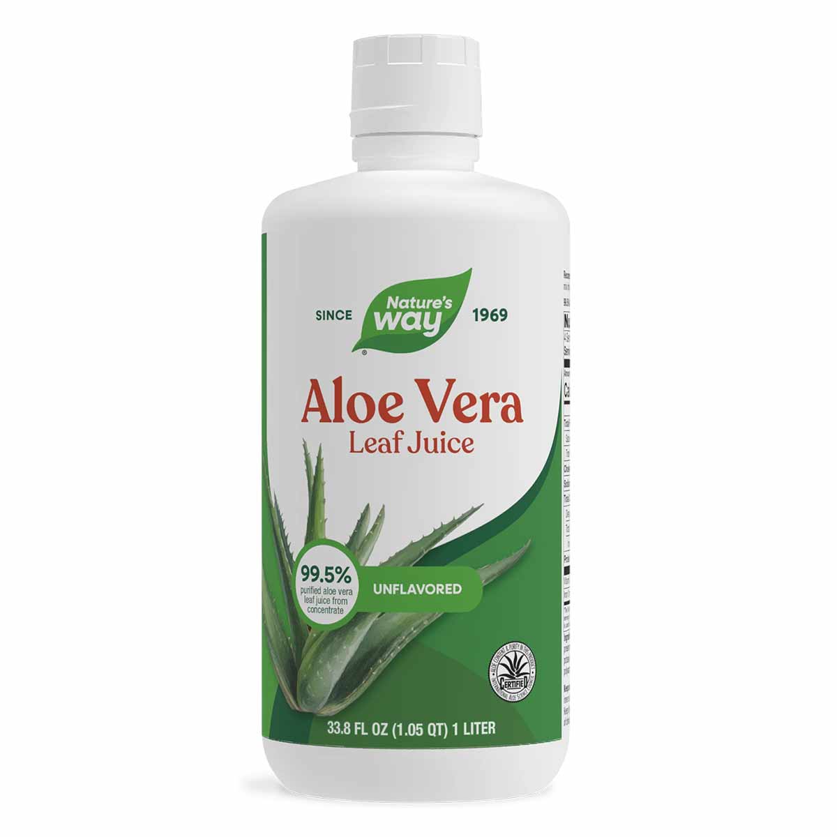 Nature's Way Aloe Vera Leaf Juice bottle, 33.8 fl oz, unflavored with white cap and green label.