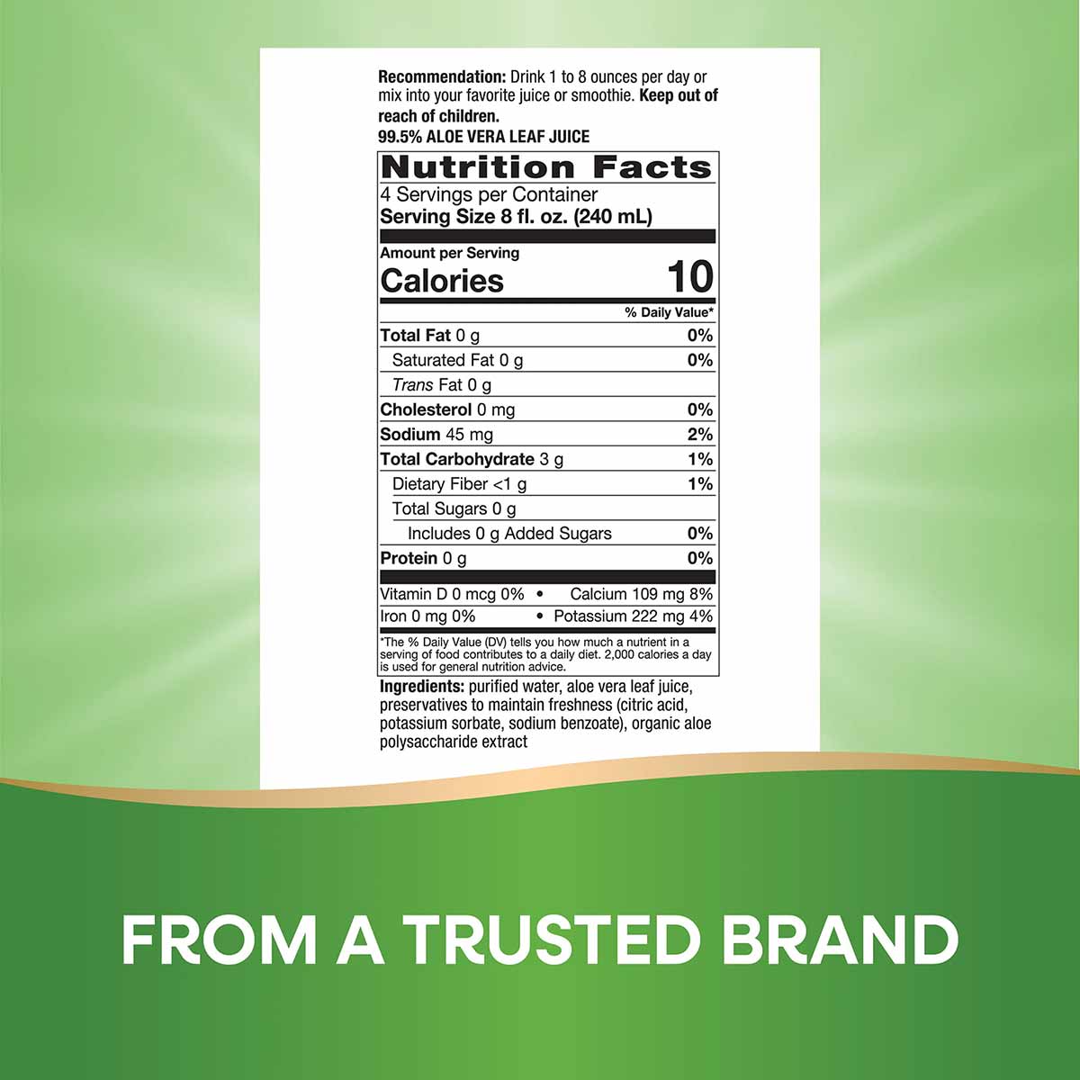 Nutrition label for Nature's Way Aloe Vera Leaf Juice showing 99.5% aloe content, serving size, calories, and ingredient info