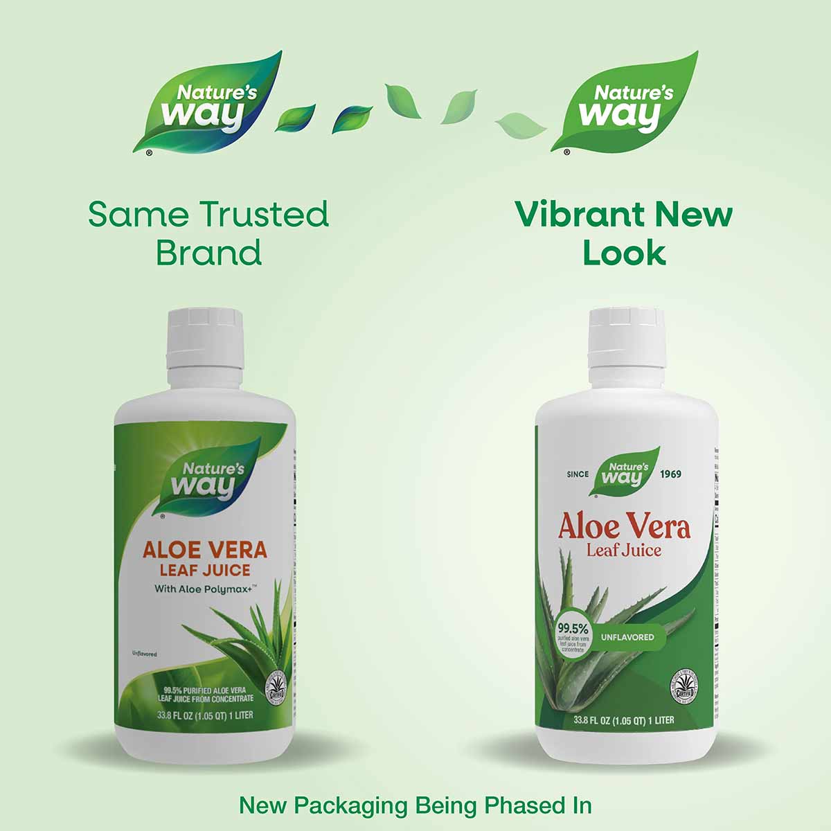 Two bottles of Nature's Way Aloe Vera Leaf Juice showing old green label and new white label packaging side by side.
