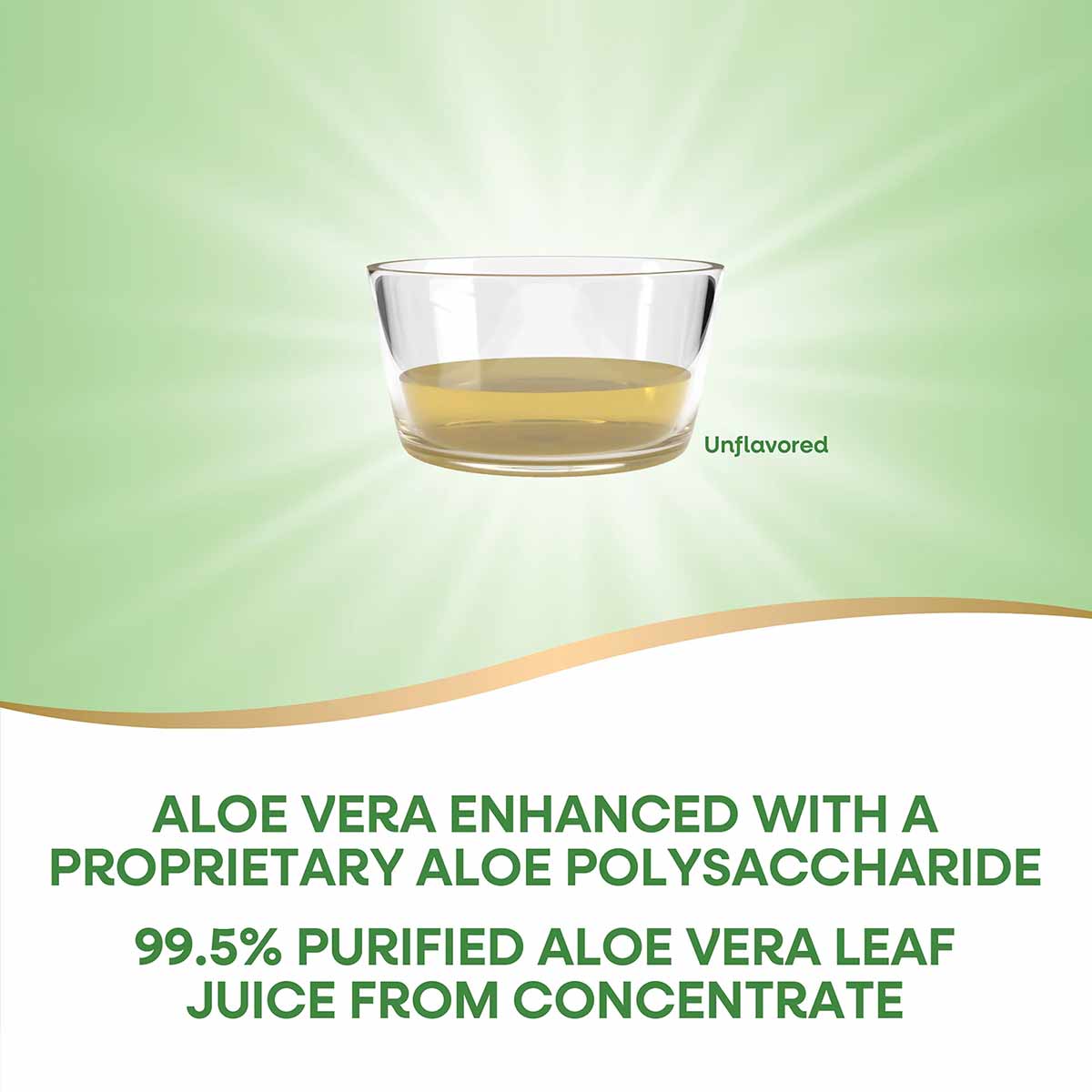 Glass bowl containing pale yellow aloe vera leaf juice on green gradient background labeled "Unflavored."