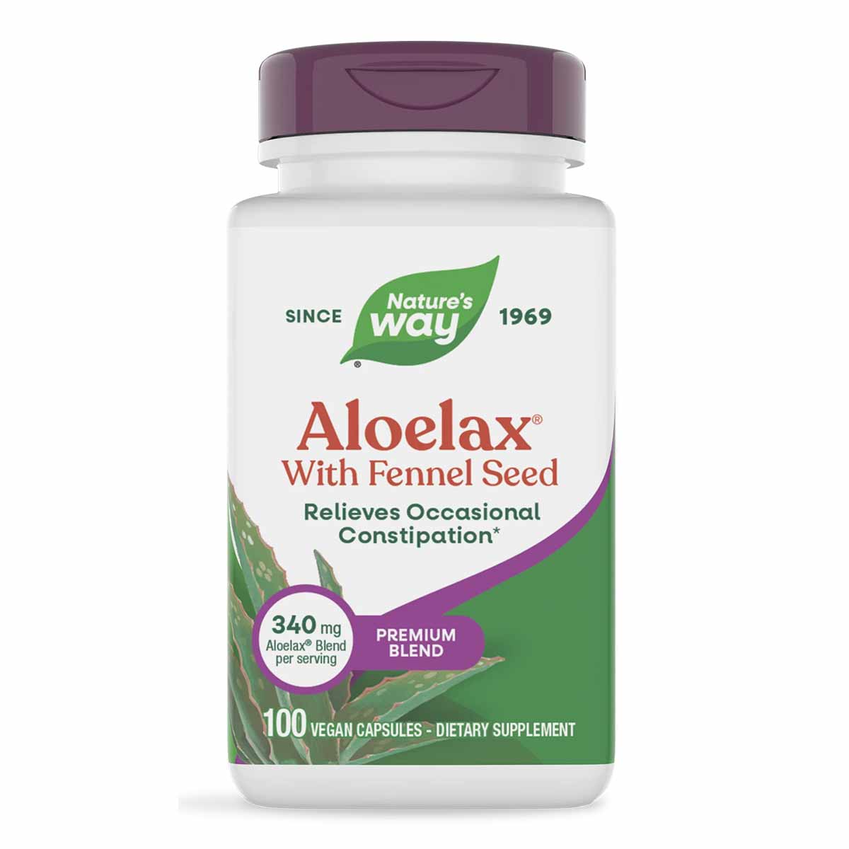 Bottle of Nature's Way Aloelax with Fennel Seed dietary supplement containing 100 vegan capsules with purple cap.