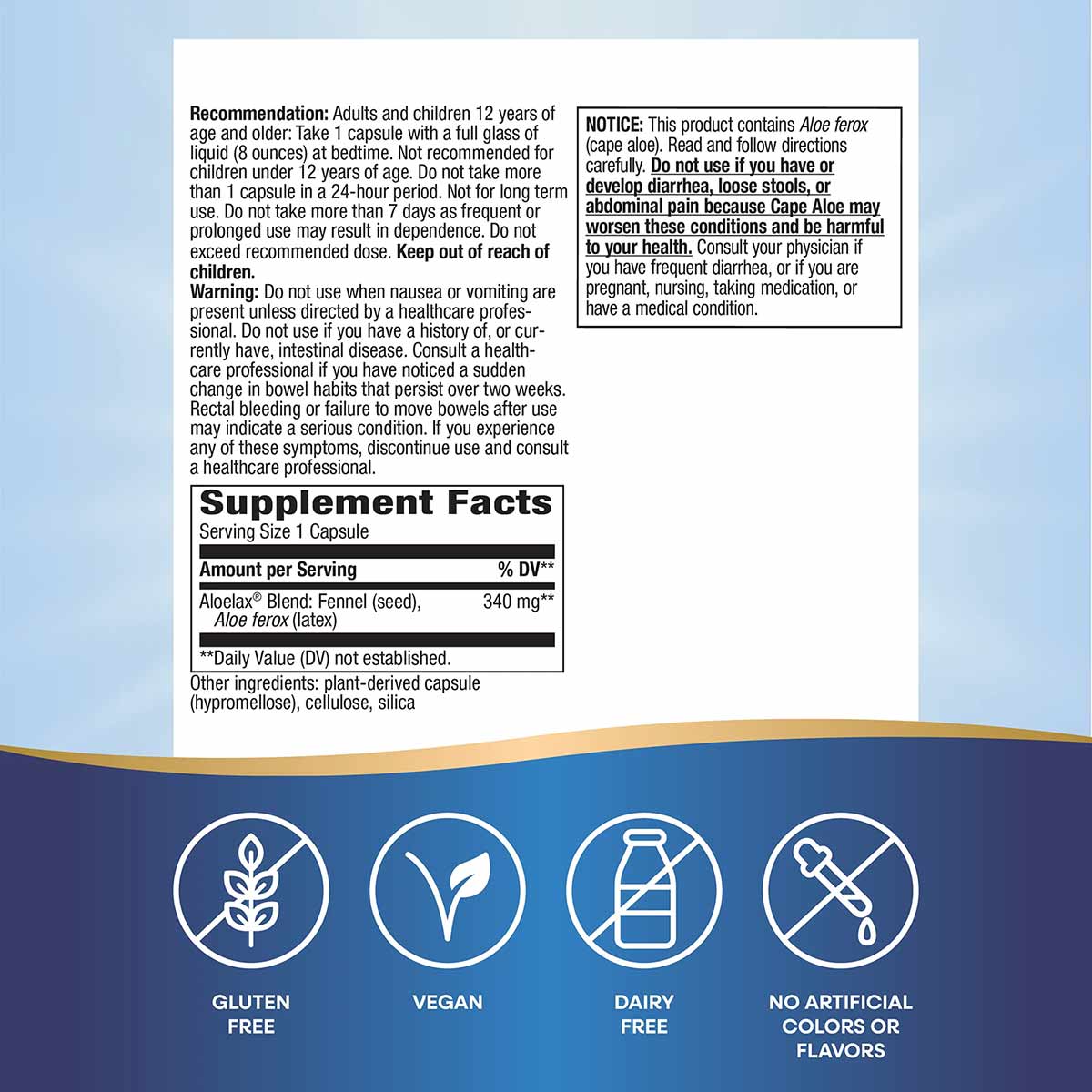 Supplement Facts label for Aloelax with Fennel Seed capsules showing dosage instructions, ingredients, and certification icon