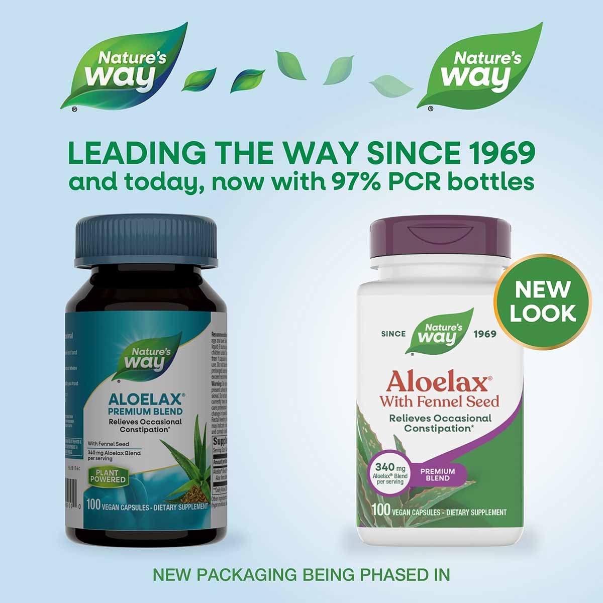 Two bottles of Nature's Way Aloelax with Fennel Seed dietary supplement; dark teal bottle on left, white bottle with burgundy
