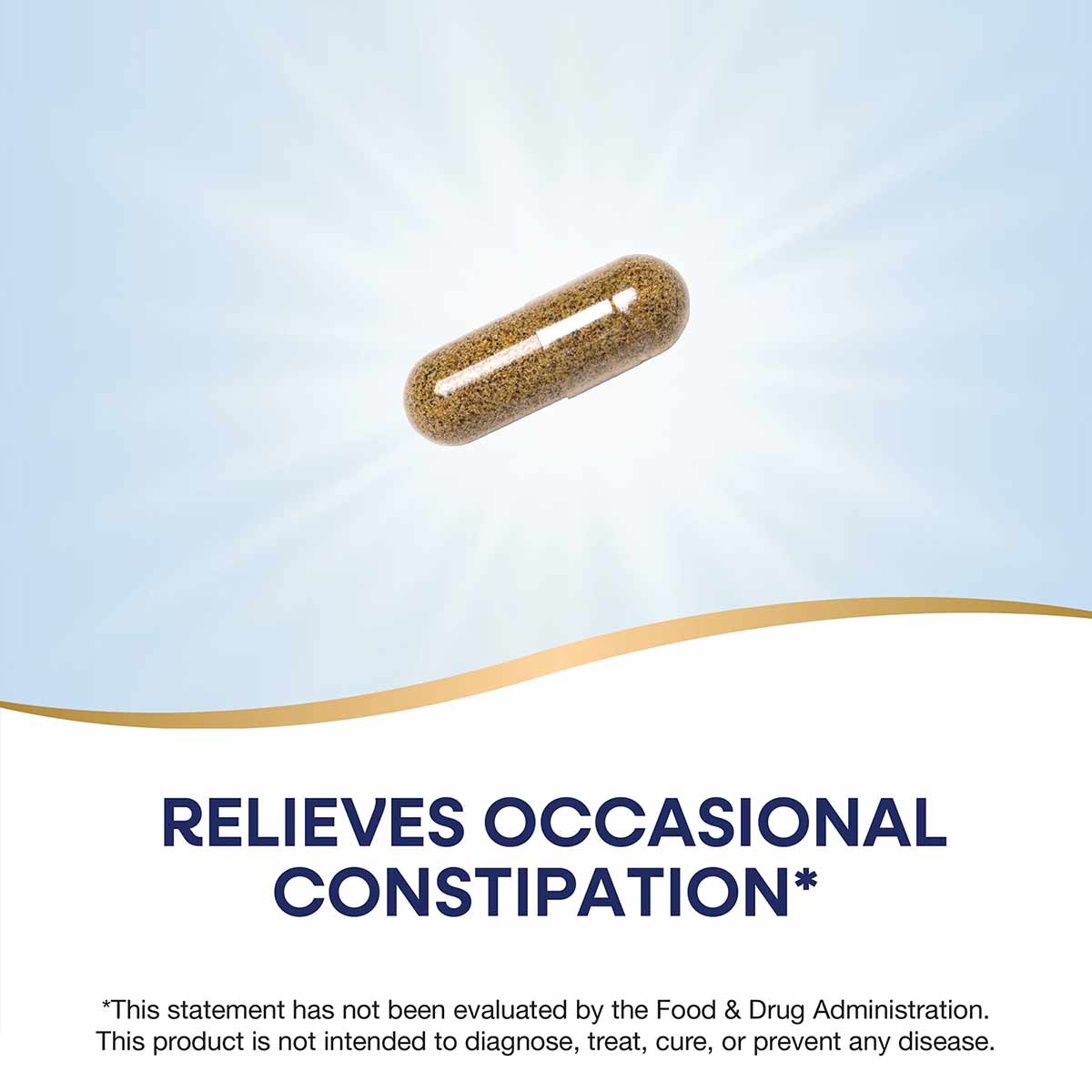 Brown herbal supplement capsule against light blue and white background with gold curved line.