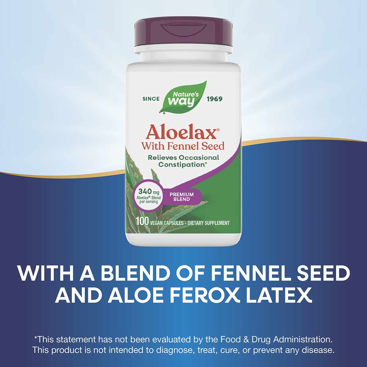 Nature's Way Aloelax with Fennel Seed bottle containing 100 vegan capsules with purple cap.