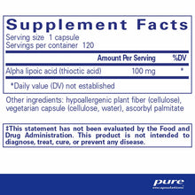 Supplement Facts label for Alpha Lipoic Acid 100 mg capsules showing serving size, ingredients, and FDA disclaimer.