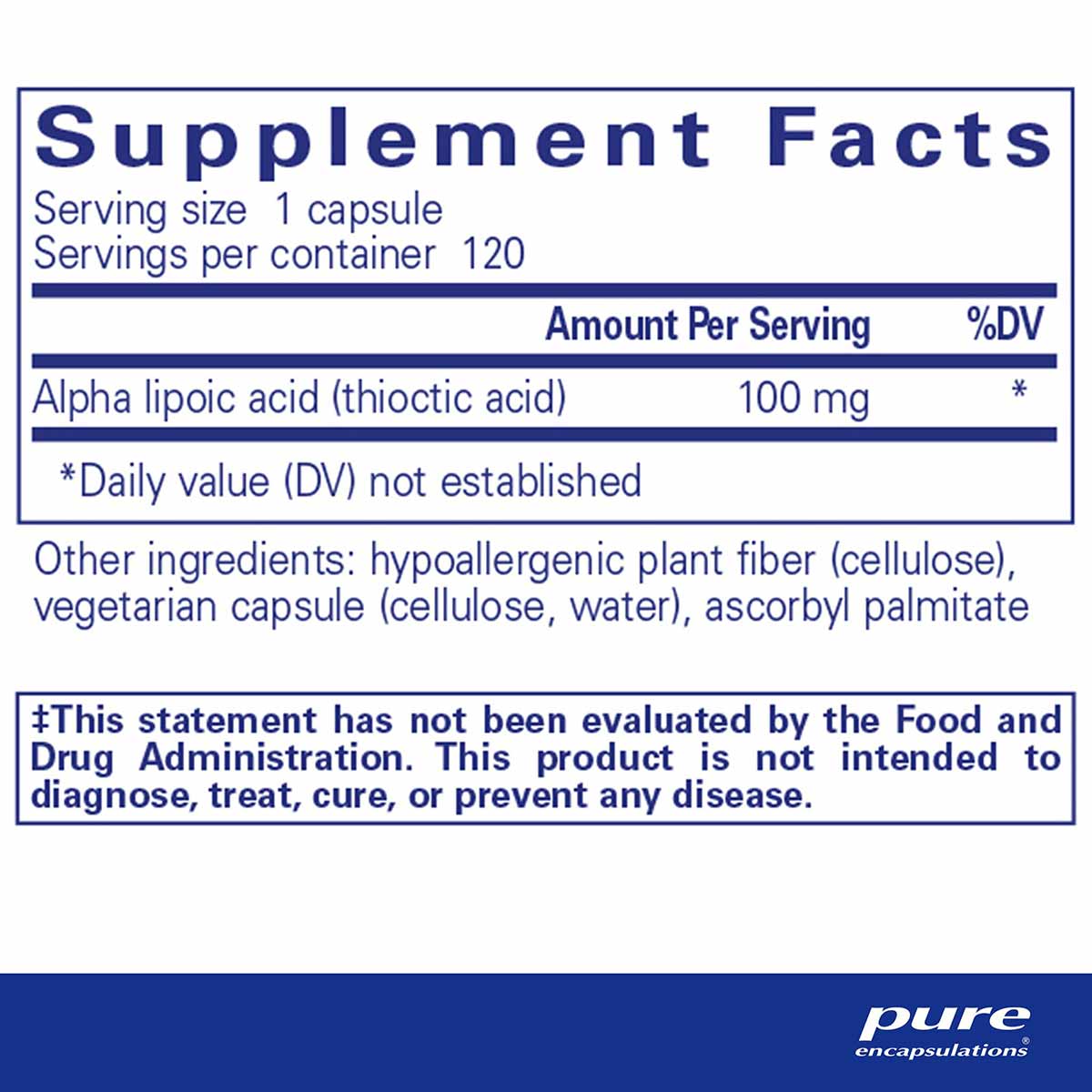 Supplement Facts label for Alpha Lipoic Acid 100 mg capsules showing serving size, ingredients, and FDA disclaimer.