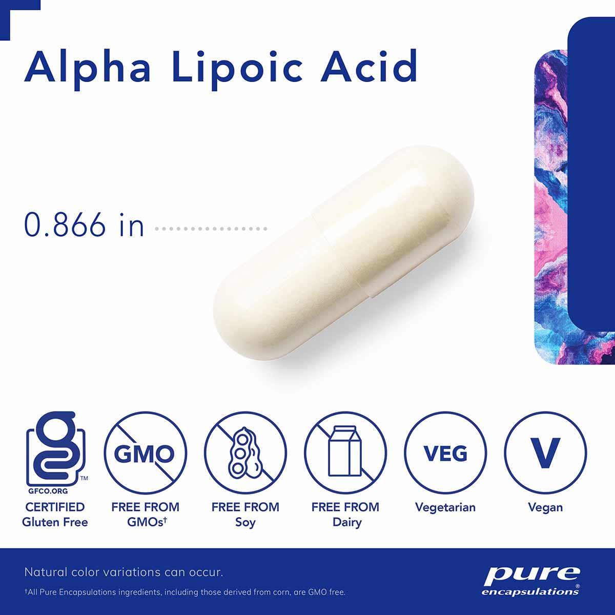 White capsule labeled Alpha Lipoic Acid 100 mg by Pure Encapsulations, 0.866 inches in size.