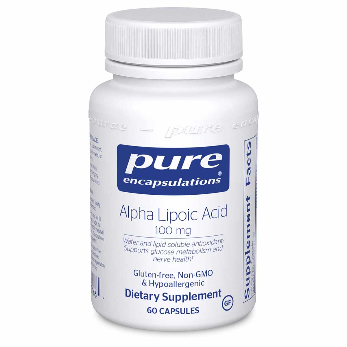 White supplement bottle labeled Pure Encapsulations Alpha Lipoic Acid 100 mg, 60 capsules, with white screw-cap lid.