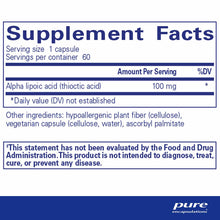 Supplement Facts label for Alpha Lipoic Acid 100 mg capsules by Pure Encapsulations showing serving size, ingredients, and FD
