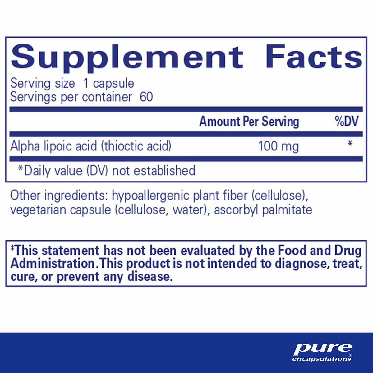 Supplement Facts label for Alpha Lipoic Acid 100 mg capsules by Pure Encapsulations showing serving size, ingredients, and FD