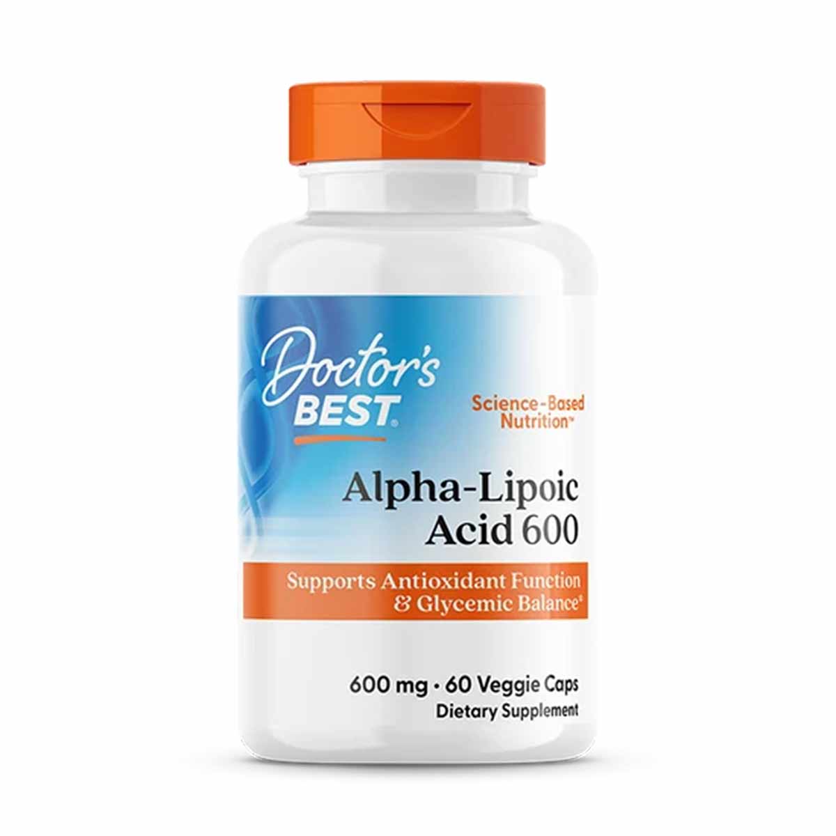 Doctor's Best Alpha-Lipoic Acid 600 mg bottle with orange cap containing 60 veggie capsules.