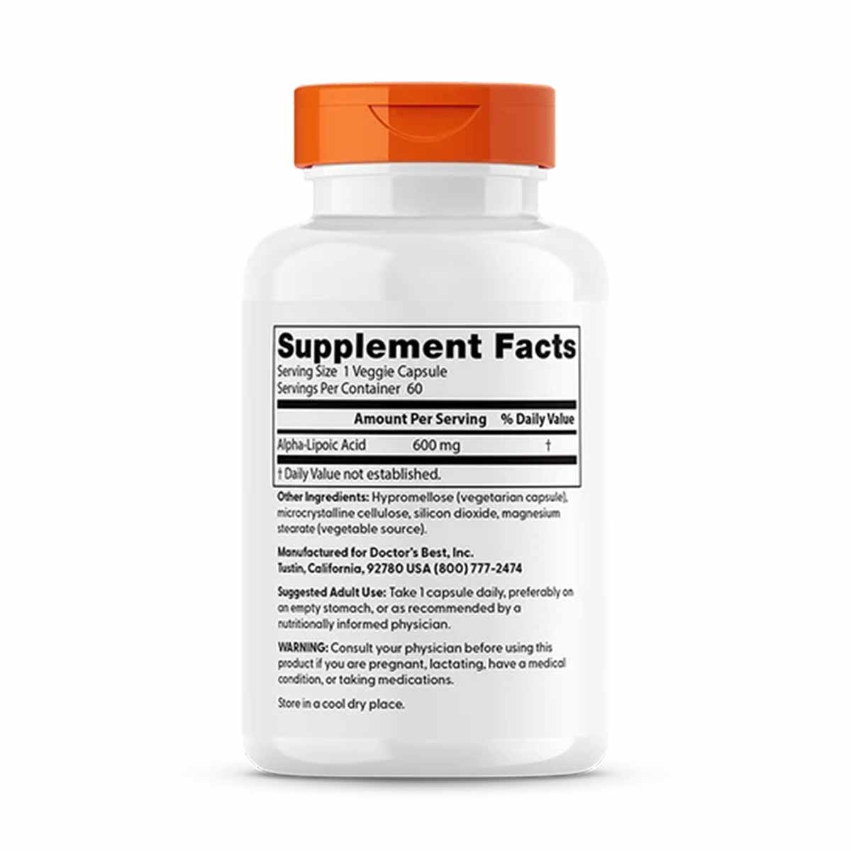 White bottle with orange cap containing Doctor's Best Alpha Lipoic Acid 600 mg supplement capsules, showing supplement facts 