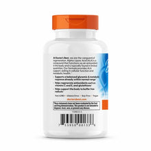 White supplement bottle with orange cap labeled "Alpha Lipoic Acid 600 Mg, by Doctors Best" with product information and barc