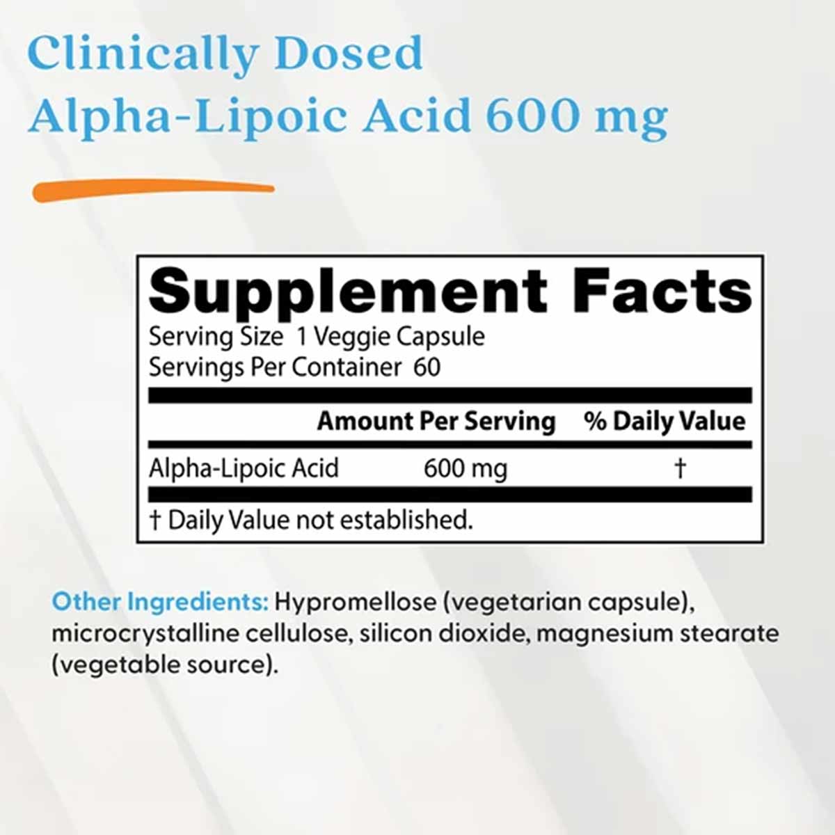 Supplement Facts label for Alpha-Lipoic Acid 600 mg with serving information and ingredient list.