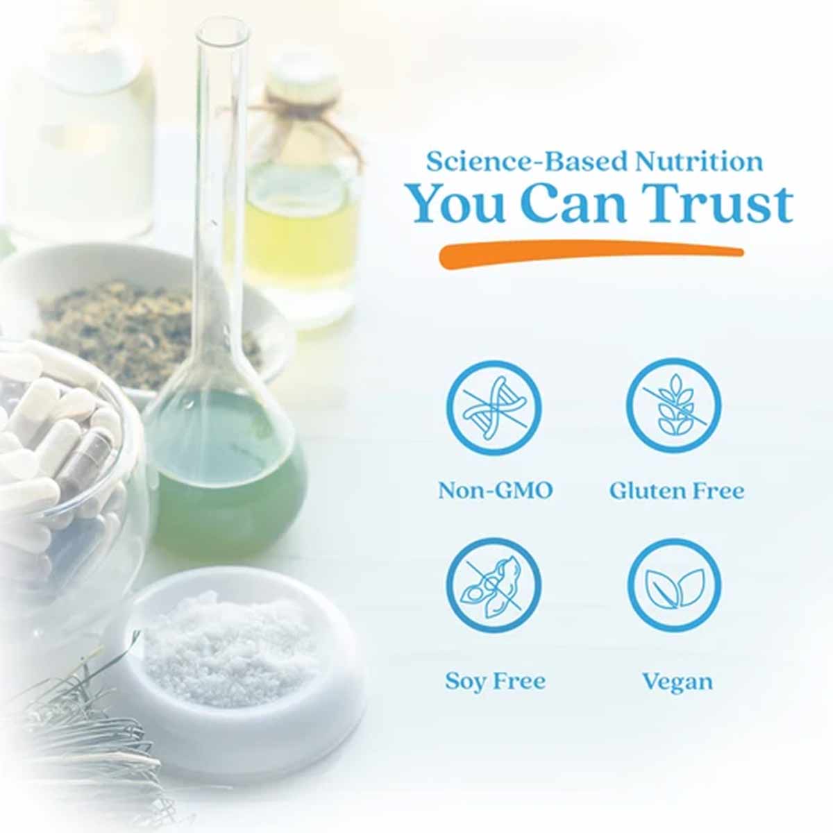 Laboratory glassware, herbs, and powder with text describing product attributes including non-GMO, gluten free, soy free, and
