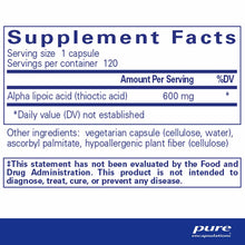 Supplement Facts label showing Alpha Lipoic Acid 600 mg per capsule, 120 servings per container, with ingredients and FDA dis