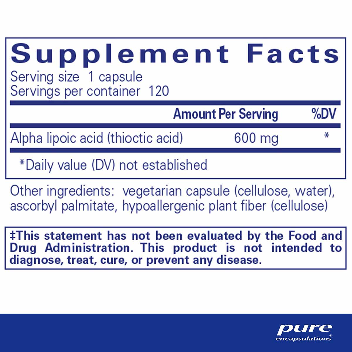 Supplement Facts label showing Alpha Lipoic Acid 600 mg per capsule, 120 servings per container, with ingredients and FDA dis
