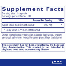 Supplement Facts label for Alpha Lipoic Acid 600 mg capsules showing serving size, ingredients, and FDA disclaimer.