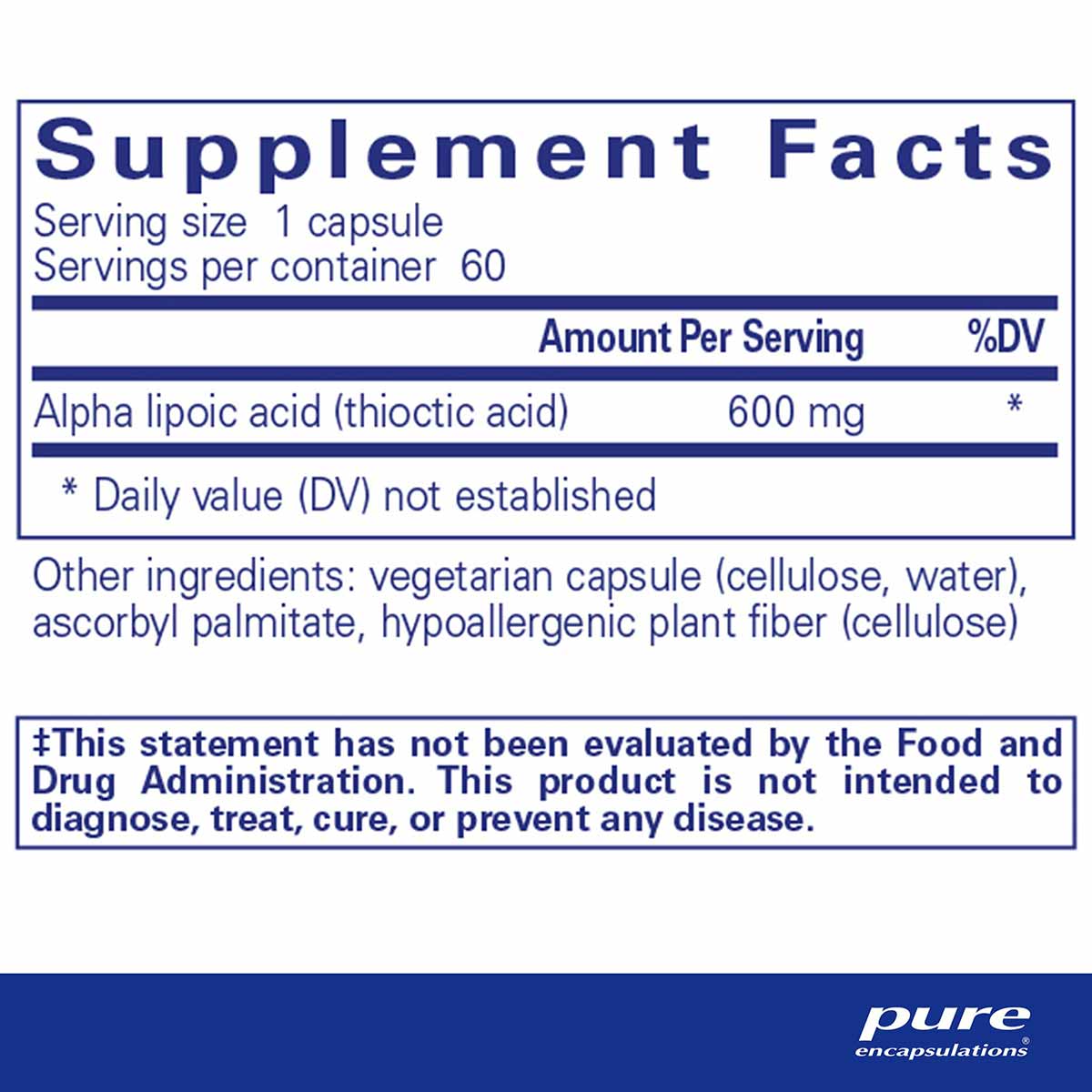 Supplement Facts label for Alpha Lipoic Acid 600 mg capsules showing serving size, ingredients, and FDA disclaimer.